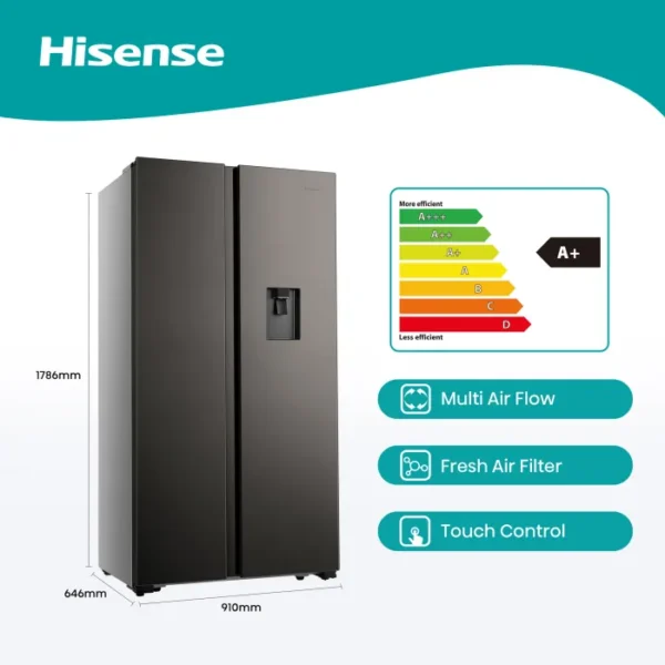 Hisense 514L Side By Side Fridge Freezer Inox H670SITWD - Image 6