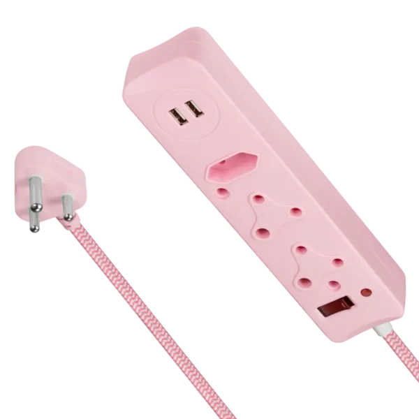 Switched 3 Way Surge Protected Multiplug With Dual USB Ports 0.5m- Pink