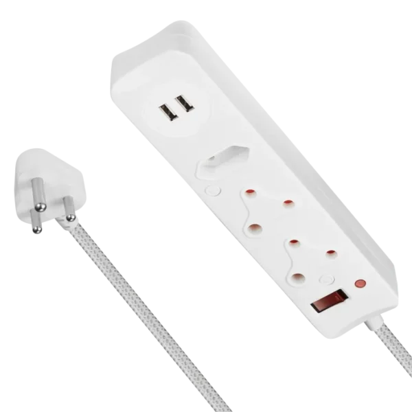 Switched 3 Way Surge Protected Multiplug With Dual USB Ports 0.5m- White